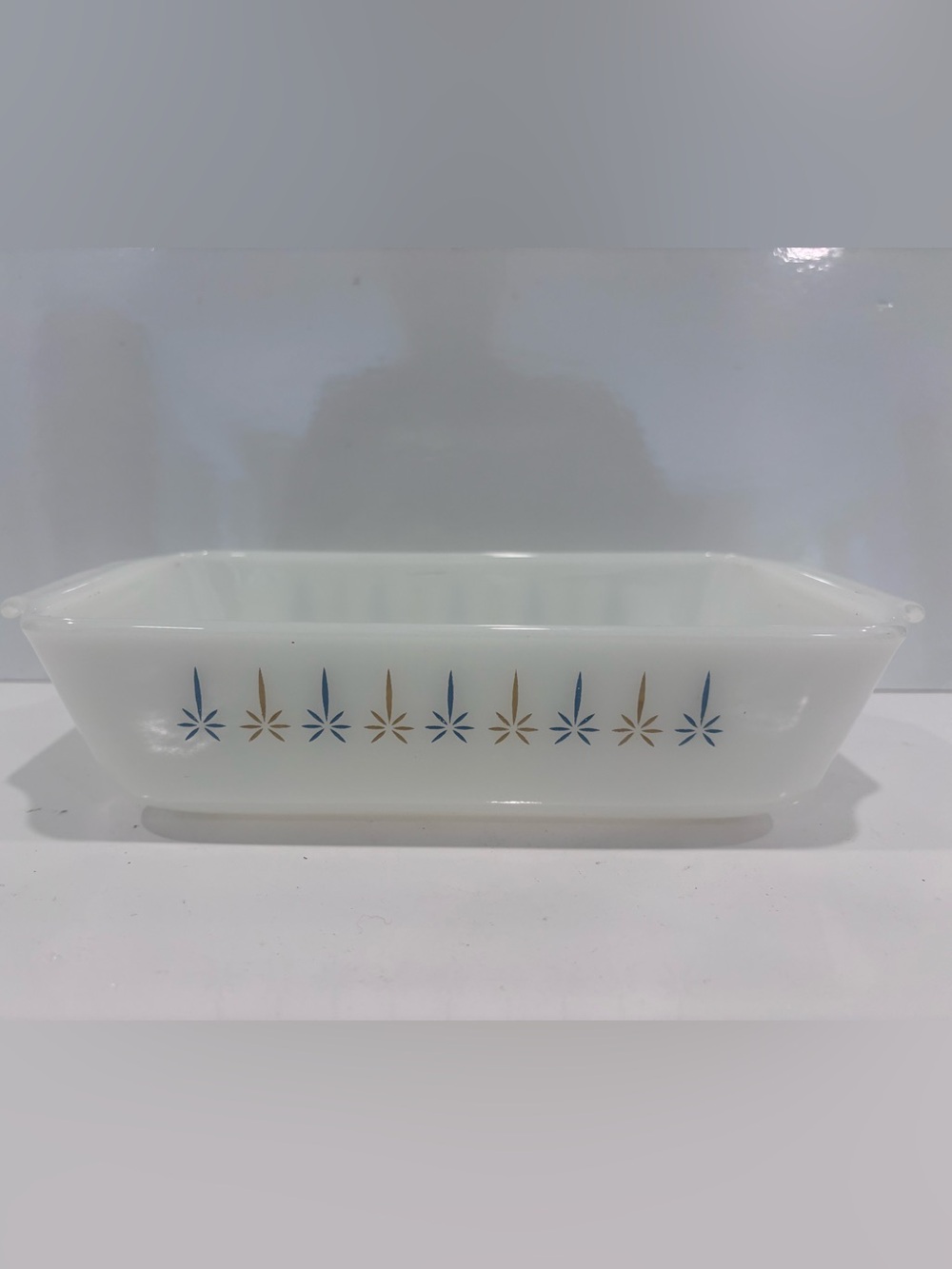 Vintage fire king anchor hocking 1qt milk glass atomic tulip pattern blue & gold